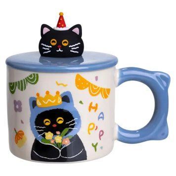 Чашка порцелянова з кришкою Kitten's Birthday 400 (мл) подарункова кружка прикольна чашка для дітей на подарунок Синій FM-24A FM-24A фото