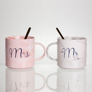 Набір парних порцелянових чашок Mr&Mis 2 (шт) по 400 (мл) чашки на подарунок з ложкою FM-28 FM-28 фото