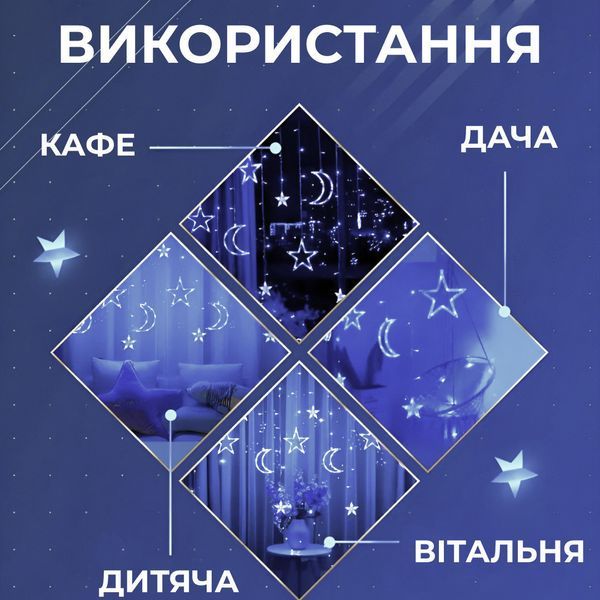 Гірлянда світлодіодна штора GarlandoPro зірка і місяць 108LED 3х0,9 м гірлянда зірка Білий 1733059W 1961265782 фото